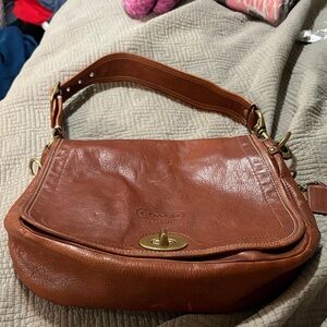 Coach Tan Leather Shoulder Bag with Gold Accents